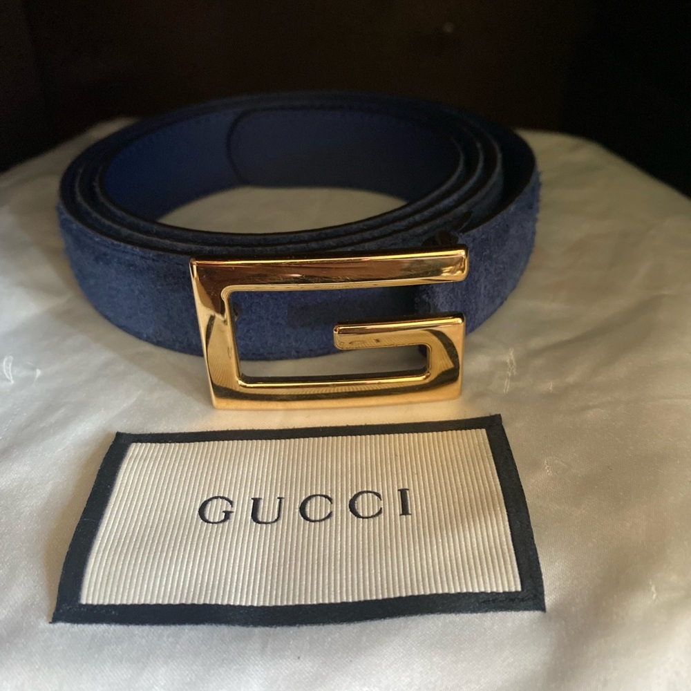 Authentic GUCCI Suede Icaro G Cube Belt size 95 or 38 in Dark Navy